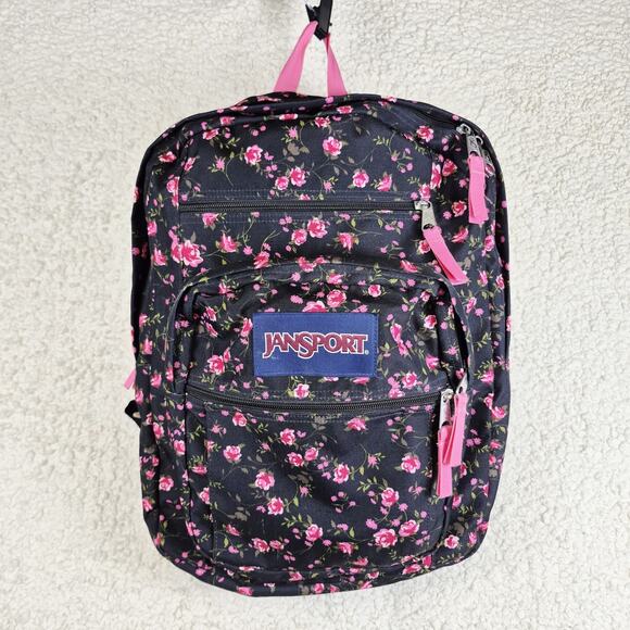 JanSport Backpack Black Pink Floral Print Multi-Compartment School Travel Bag - Picture 1 of 15